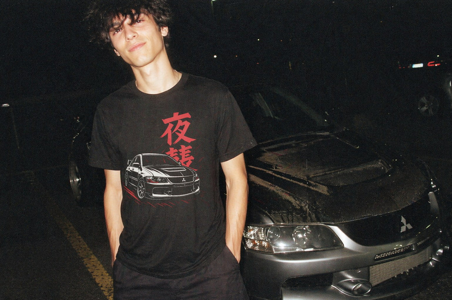 Evo IX Night Attack Tee — film-camera lifestyle shot — Hachiroku Apparel