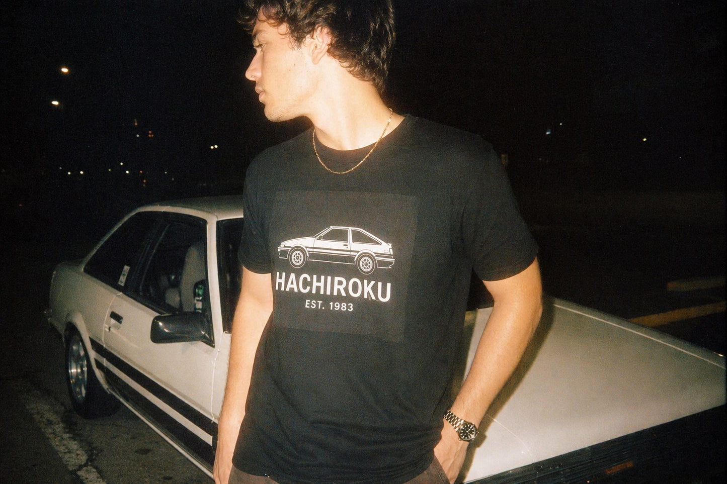 AE86 Tee — film-camera lifestyle shot — Hachiroku Apparel