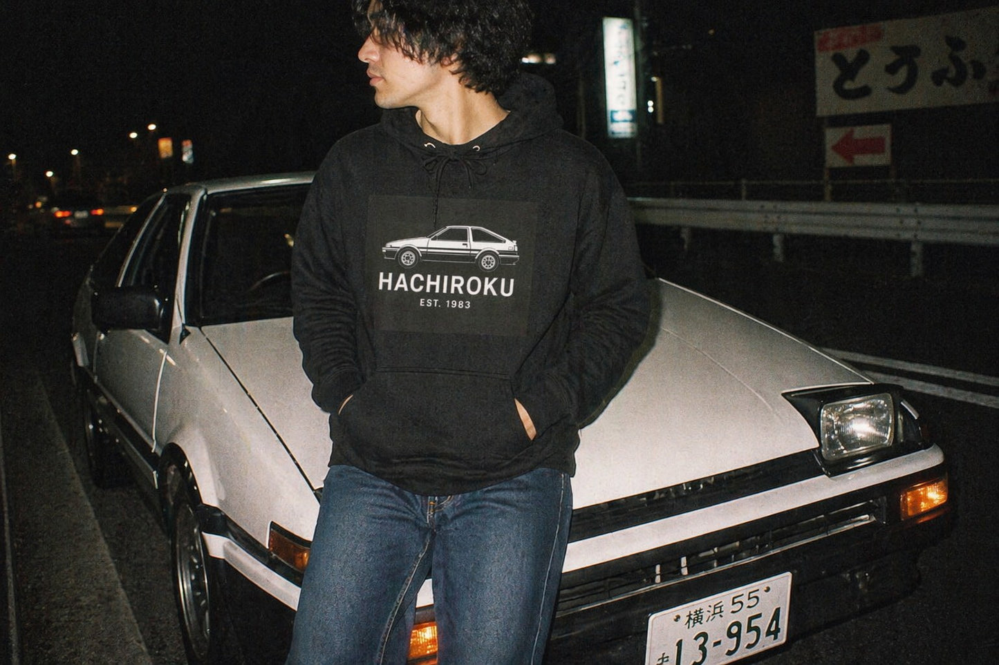 AE86 Hoodie — film-camera lifestyle shot — Hachiroku Apparel